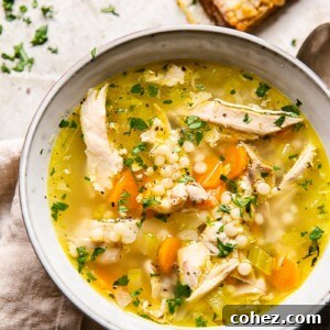 A warm, inviting bowl of turkey soup, garnished with fresh herbs, ready to be enjoyed as a comforting meal.
