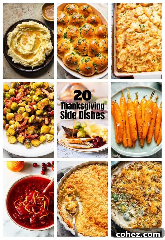 A vibrant collage of various Thanksgiving side dishes, including roasted vegetables, mashed potatoes, stuffing, and cranberry sauce, beautifully arranged for a festive holiday meal.