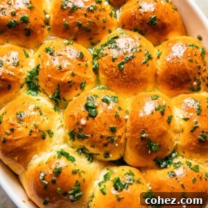 Top-down view of perfectly baked dinner rolls, glistening with melted herb and garlic butter, arranged on a serving dish.