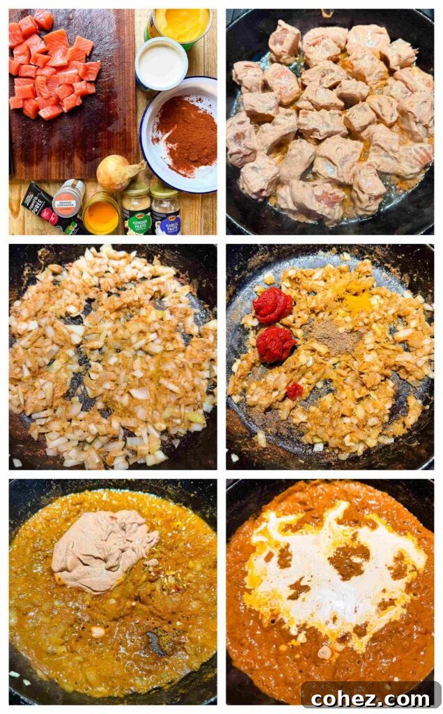 Velvet Butter Salmon Curry 4 Process shots of salmon curry ingredients being cooked together in a pan, showing various stages of preparation.
