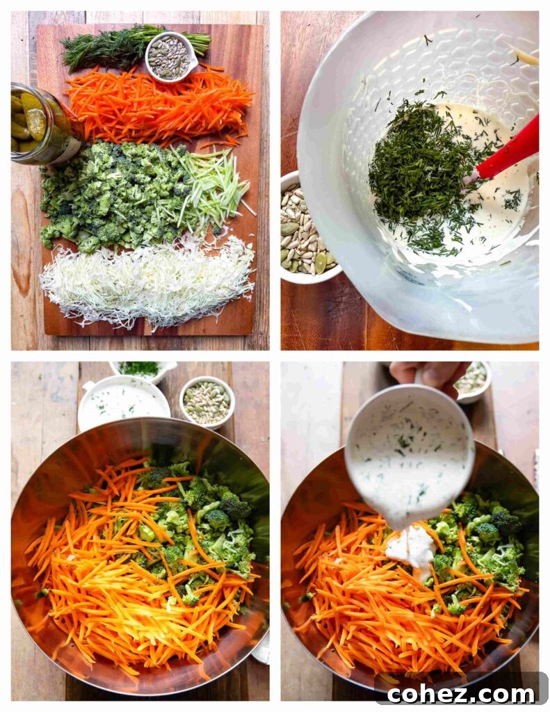 Process shots of veg and dressing being prepped and combined