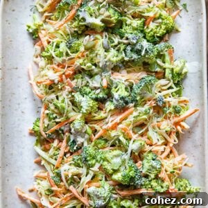 Broccoli slaw salad on a serving platter