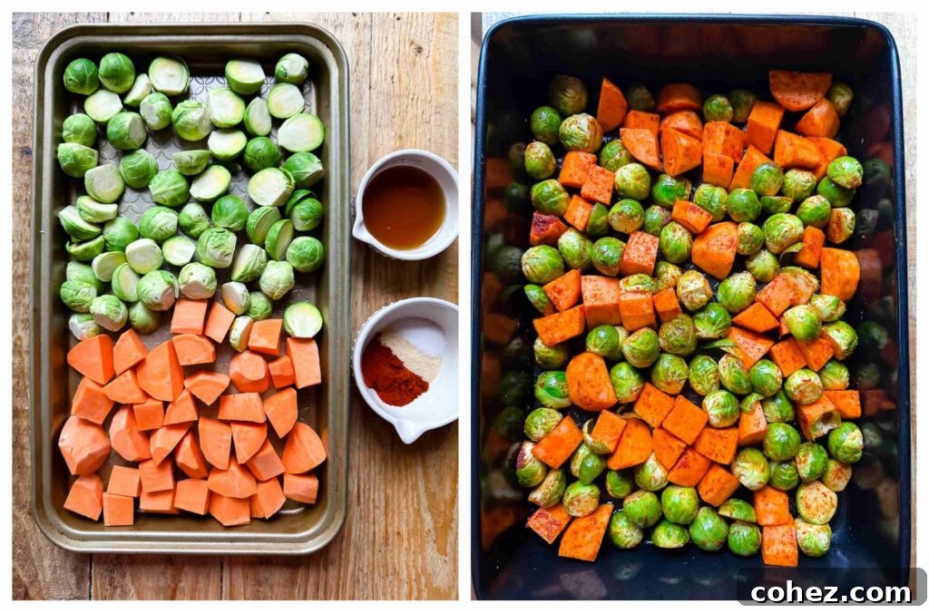 Process shots showing Brussels sprouts and sweet potatoes being seasoned and glazed before roasting