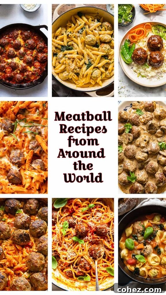 A vibrant collage showcasing diverse meatball dishes, including creamy Swedish meatballs, spicy kofta, and classic Italian pasta with meatballs.