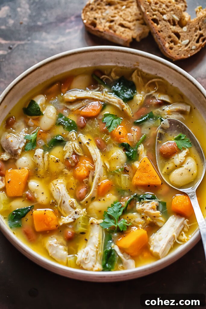Hearty Chicken and Bean Delight 2 Top down shot of chicken and bean soup in a bowl