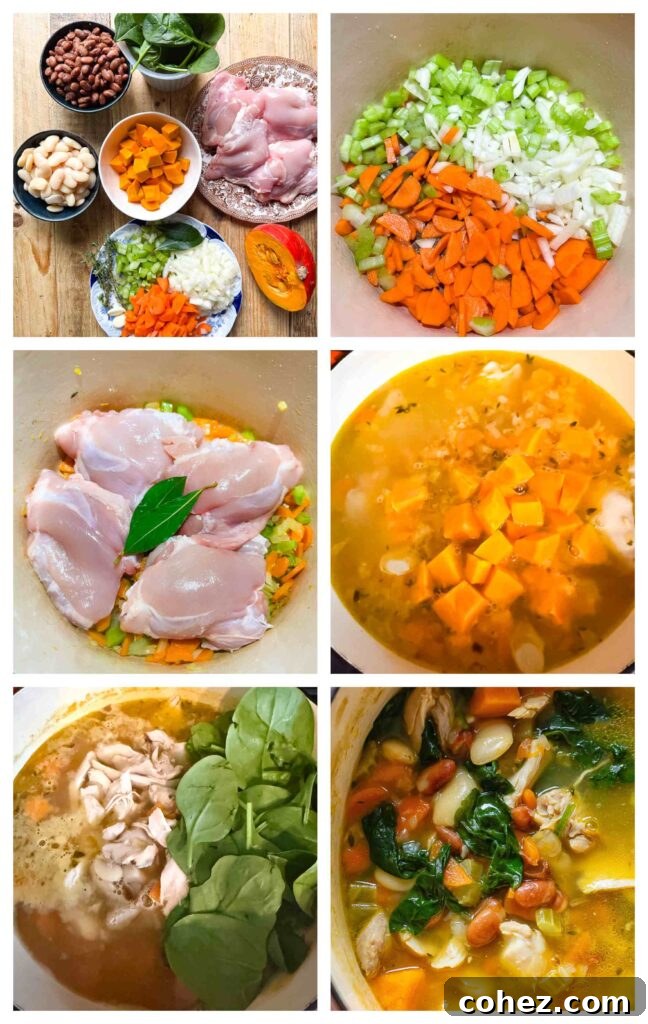 Hearty Chicken and Bean Delight 4 Process shots of chicken and veg being prepped and cooked together in a pot