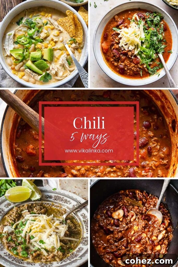 A vibrant collage of five different chili recipes, showcasing their diverse colors and textures.