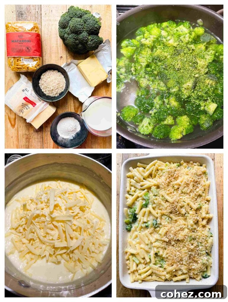 Golden Broccoli Mac and Cheese Bake 4 Process shots showing broccoli being added to boiling pasta, followed by the combined pasta and broccoli coated in cheese sauce in a baking dish.