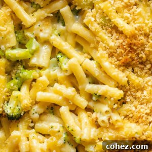 Close up shot of broccoli mac and cheese topped with breadcrumbs