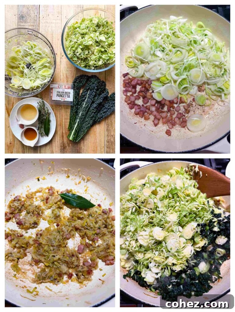 Caramelized Brussels Sprout Hash with Crispy Pancetta and Sweet Leeks 4 Process shots of pancetta and veg being prepped before cooked in a pan