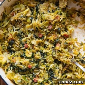 Brussels sprouts with pancetta and leeks in a large pan