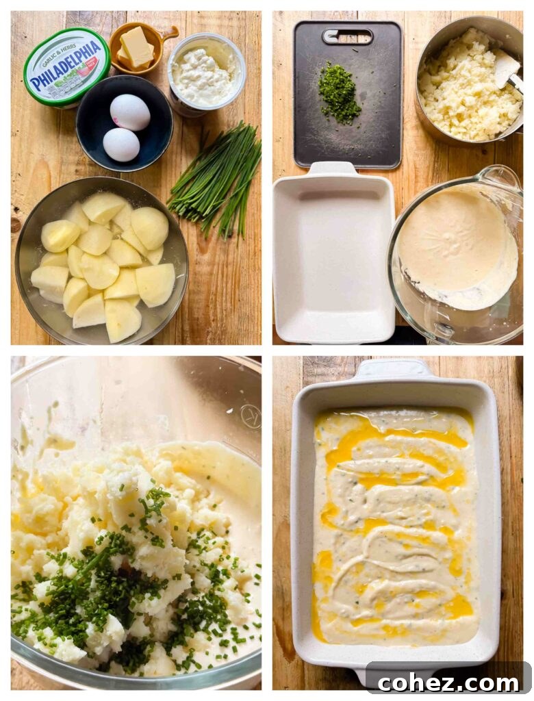 Golden Potato Cheese Cloud 4 A four-panel process shot showcasing the preparation of Cheesy Potato Soufflé, from mashing potatoes to combining ingredients in a casserole dish.