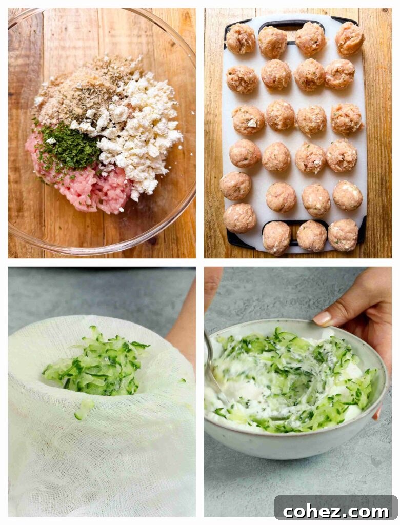 Process shots showing the stages of making chicken feta meatballs, including mixing ingredients and combining tzatziki components.