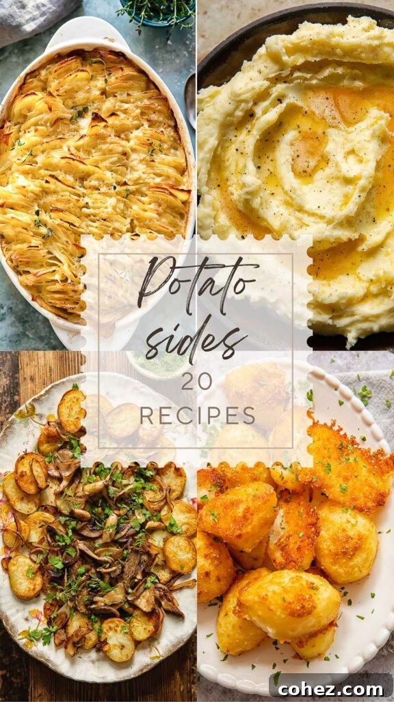 A diverse collection of potato dishes, showcasing various cooking methods and textures, including mashed, roasted, and gratin styles.