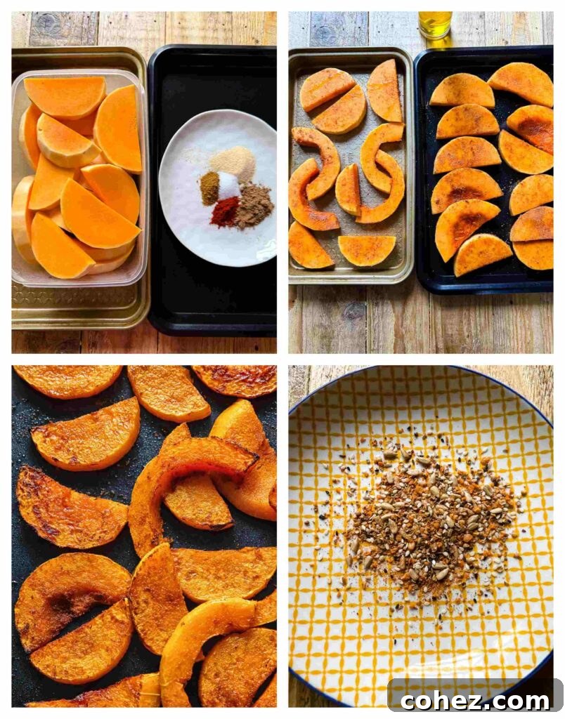 Process shots of butternut squash slices being seasoned and roasted