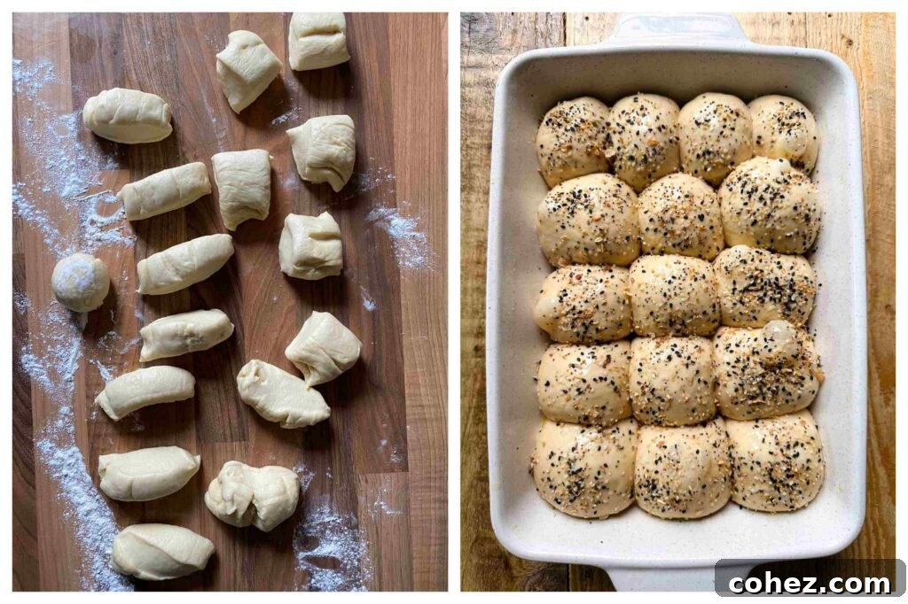 Wake Up To Everything Bagel Dinner Rolls 5 A series of process shots showing dinner rolls being brushed with egg wash and then generously sprinkled with Everything Bagel seasoning before going into the oven.