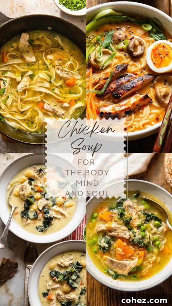 Collage of diverse chicken soup images, showcasing various styles and ingredients for ultimate comfort food.