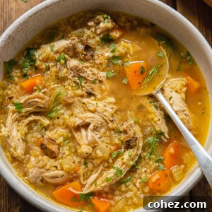 Top down view of chicken and mushroom soup with bulgur and fresh dill in a rustic bowl.