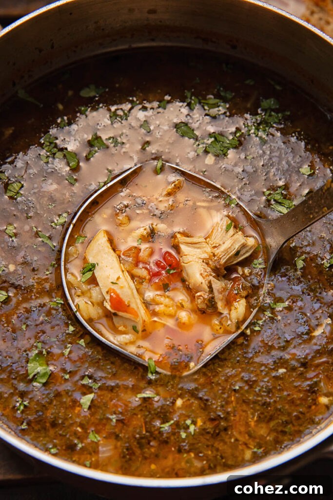 A close-up view of Kharcho simmering in a pot, showing shredded chicken, rice, and a rich, herb-speckled broth.