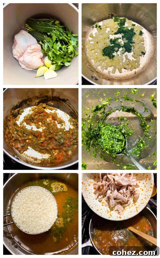 Step-by-step process images for making Georgian Kharcho, showing key stages like preparing the herb paste and simmering the soup.