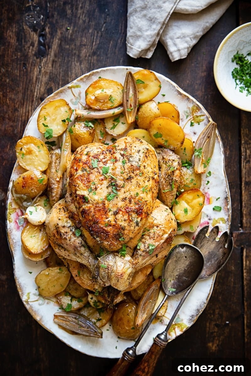 Top down view of a whole Rosemary and Thyme Roast Chicken surrounded by golden roast potatoes in a pan.