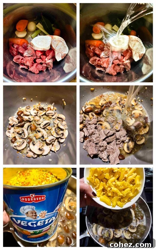 Process shots of beef, mushrooms and pasta being combined in a pot for soup