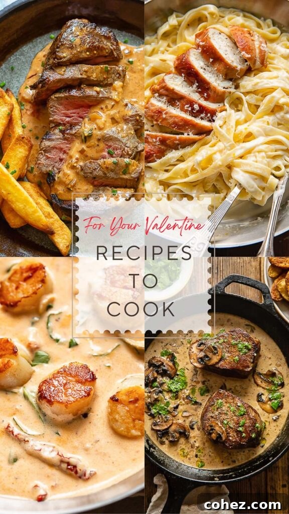 A collage of four romantic Valentine's Day recipes, showcasing beautiful and delicious dishes perfect for a special home-cooked meal.