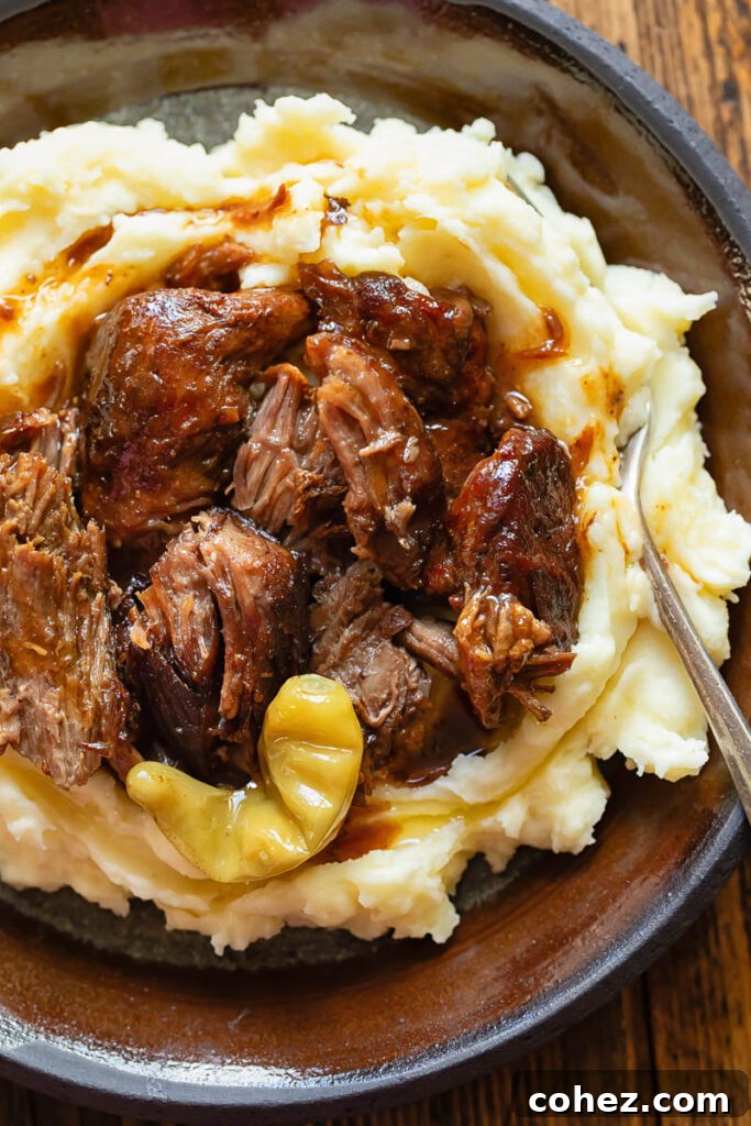 Pot roast with pickled chilies on mash potatoes