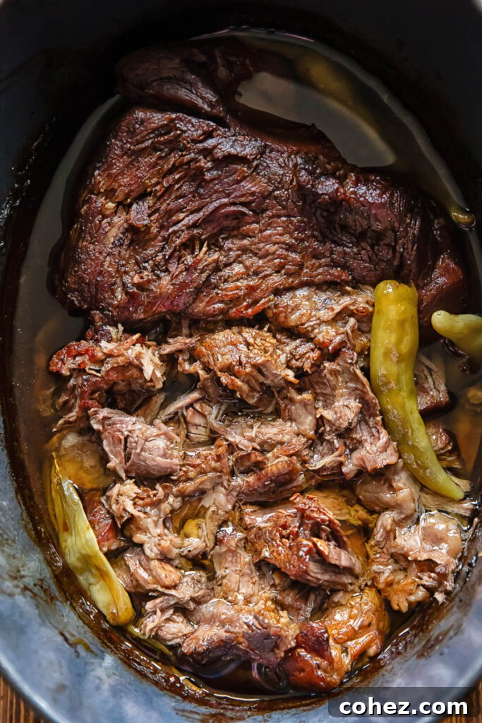 Close up of pot roast in a slow cooker