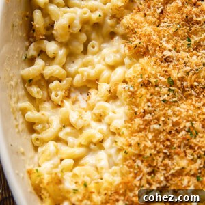 Top down view of perfectly baked macaroni and cheese, generously covered with a golden, crispy breadcrumb topping.