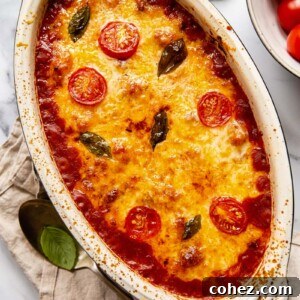 Baked gnocchi with mozzarella cheese, bubbling and golden brown, fresh from the oven.