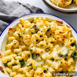 Top down view of creamy brie mac and cheese in a baking dish, garnished with fresh herbs.