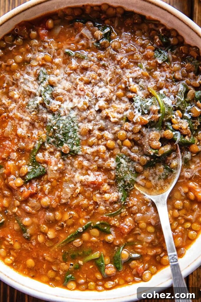 Top down view of a rustic bowl of lentil and spinach soup, garnished with fresh herbs.