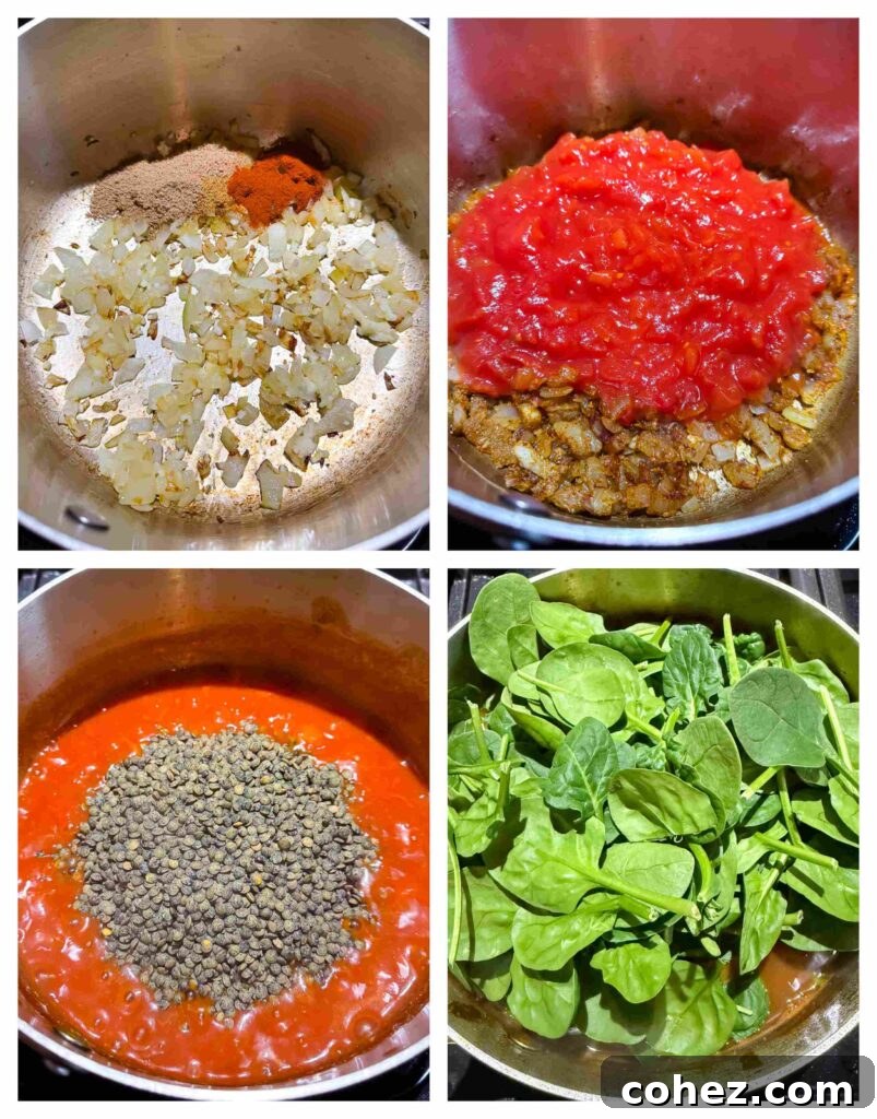 Process shots showing vegetables being prepped and then cooked in a large soup pot.