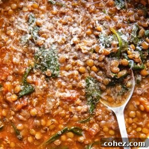 Top down view of a rustic bowl of lentil and spinach soup, garnished with fresh herbs.