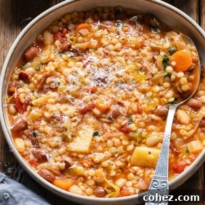 Top down shot of Sardinian minestrone in a pot with a spoon