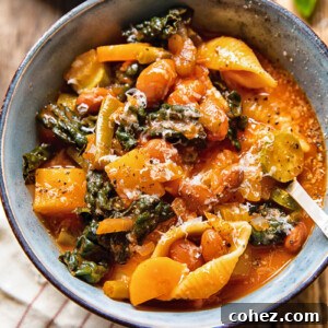 Bowl of minestrone soup with a spoon