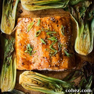 Salmon Teriyaki with Bok Choy One Pan Dinner, showing a complete meal baked together on a single pan.