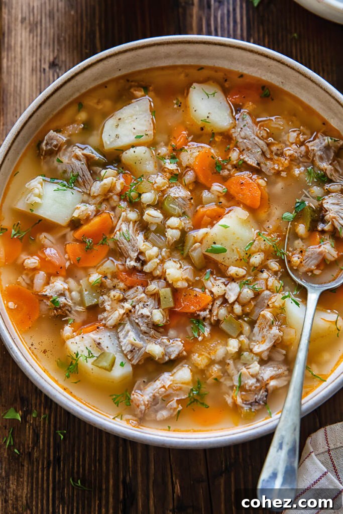 Close up shot of dill pickle soup in a bowl with a spoon