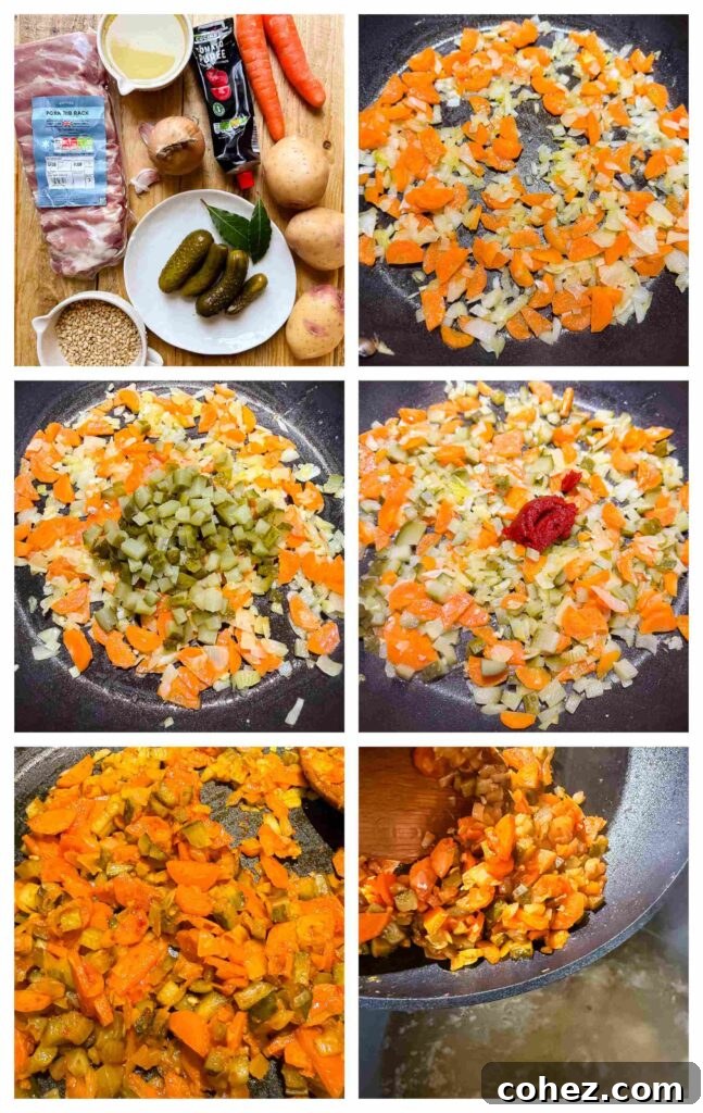 Process shots of pickles, pork and veg being prepped before cooked