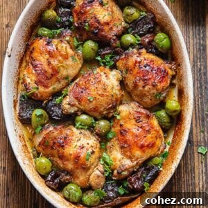 top down view of a casserole dish with chicken marbella