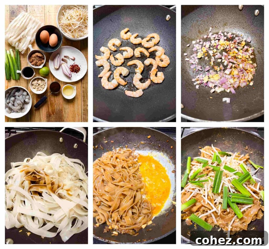 Six process shots illustrating the step-by-step preparation of Shrimp Pad Thai, from ingredients to final assembly.