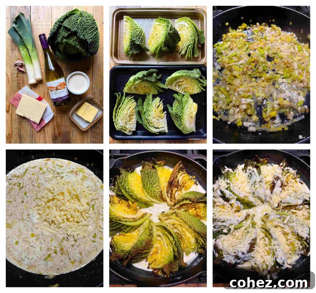 Six process shots showing the preparation and cooking of the cabbage gratin, from cutting the cabbage to the final baked dish.