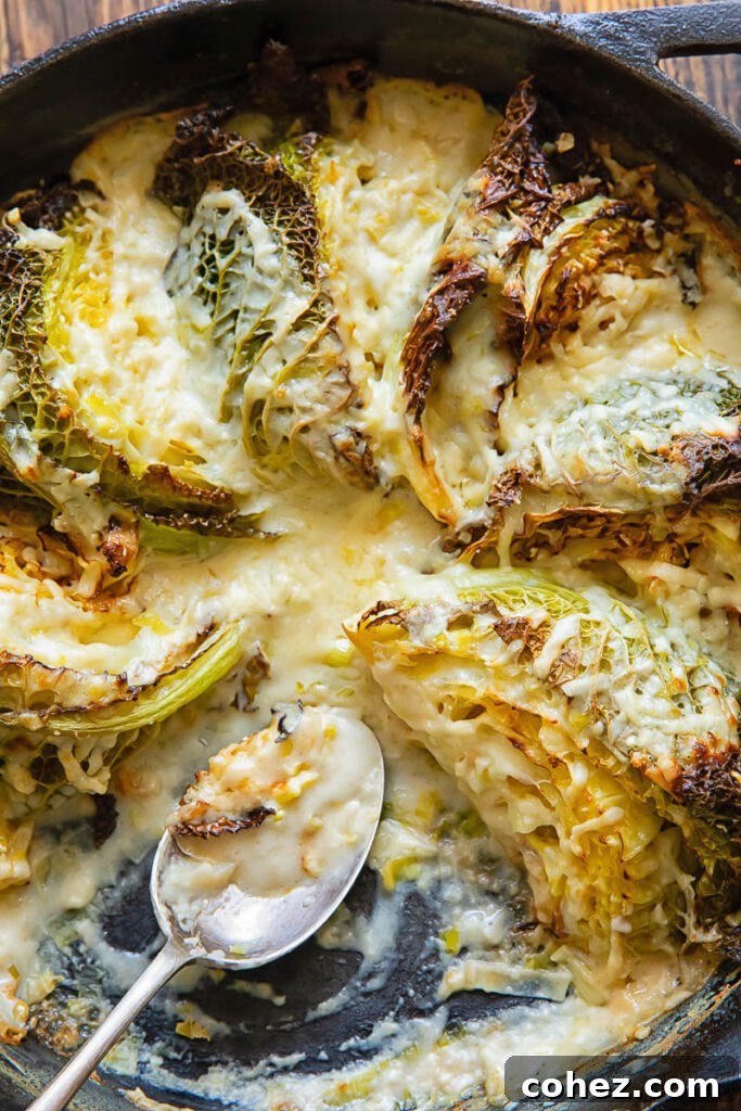 Close up of a skilled with wedges of savoy cabbage in a creamy sauce, showing the golden cheese topping.