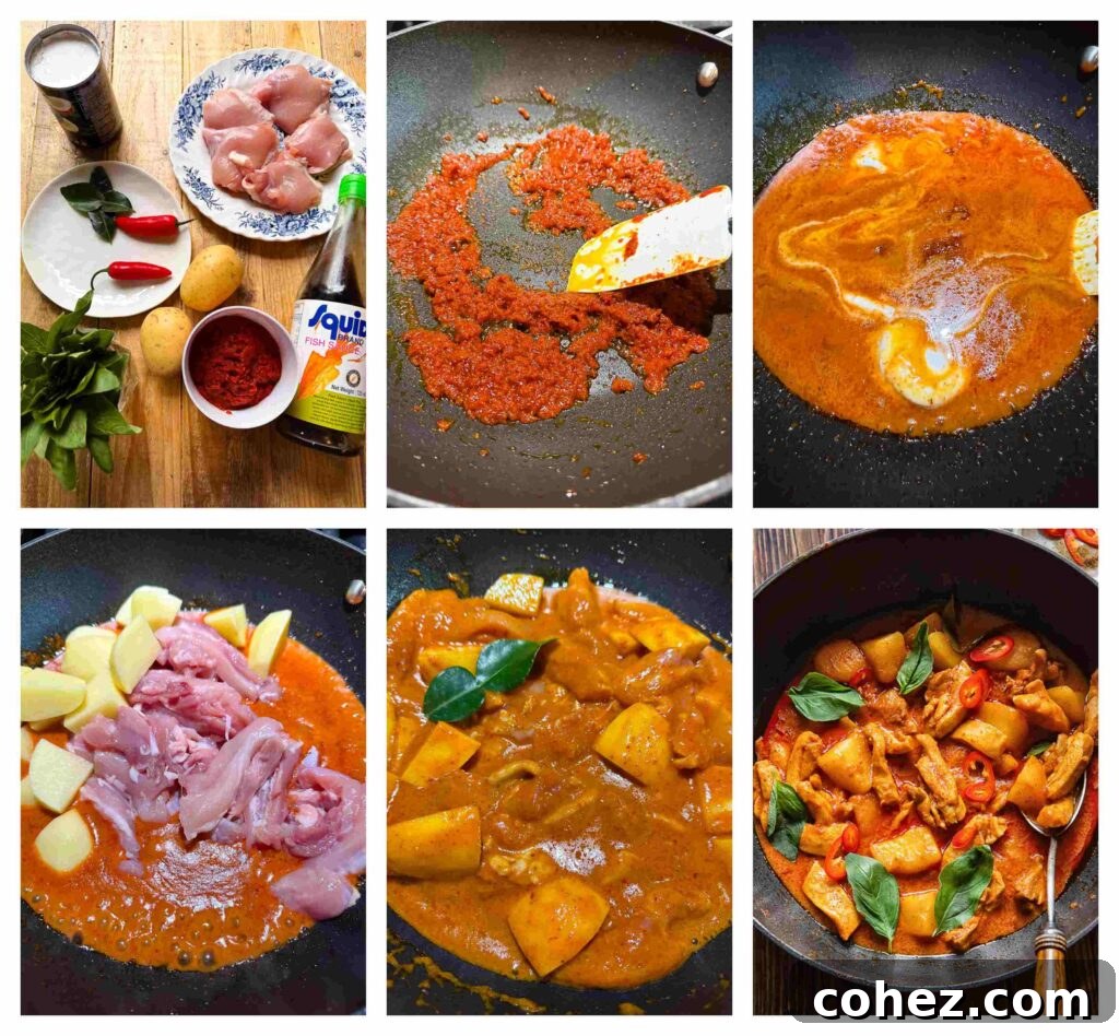 Six process shots showing the preparation of curry sauce and the gradual addition of other ingredients in a dark wok, illustrating the cooking steps.