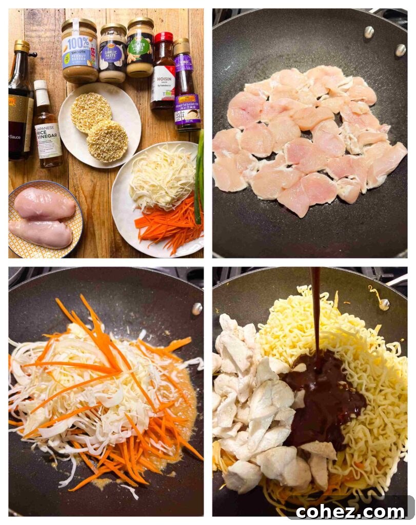 Process shots opf chicken and veg being prepped before stir fried