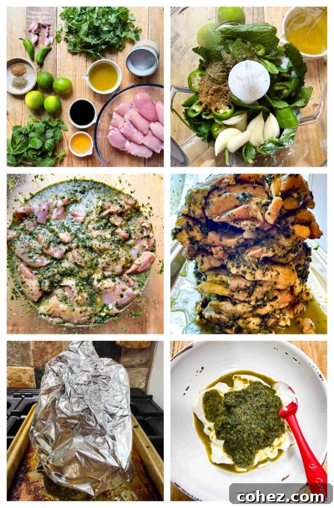 Process shots of chicken being marinated and roasted on a skewer