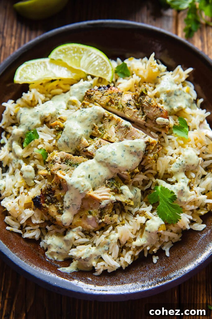 sliced cilantro lime chicken breast on top of rice with a sauce drizzled on 