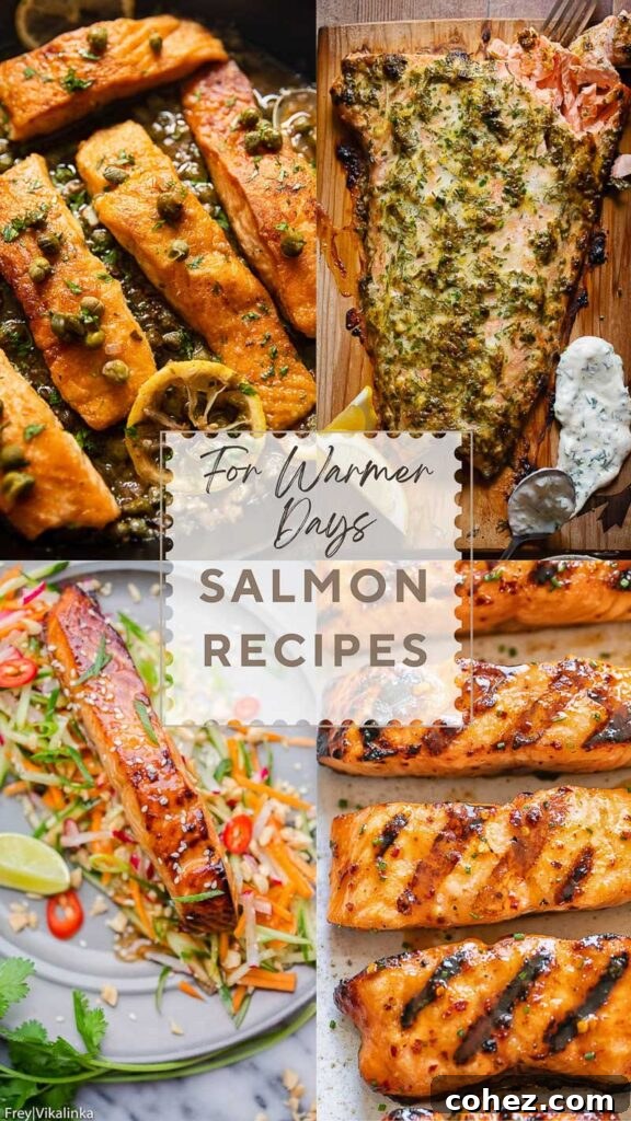A vibrant collage showcasing four different healthy and light salmon recipes