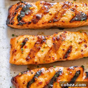 Close-up shot of perfectly grilled maple glazed salmon slices